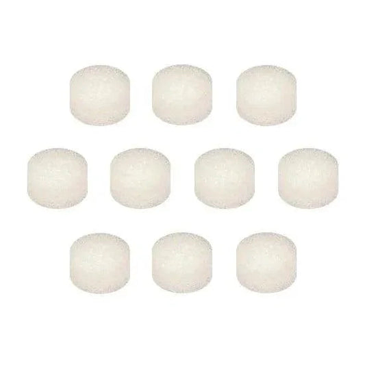 Ten white round medical filter pads arranged in two rows on a white background