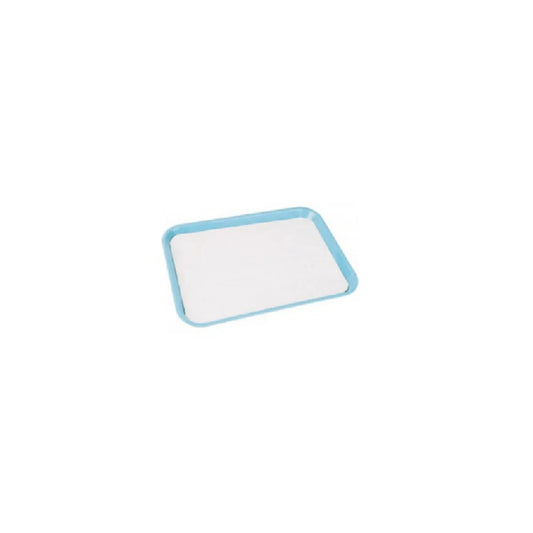 Blue medical supply tray with white surface on white background