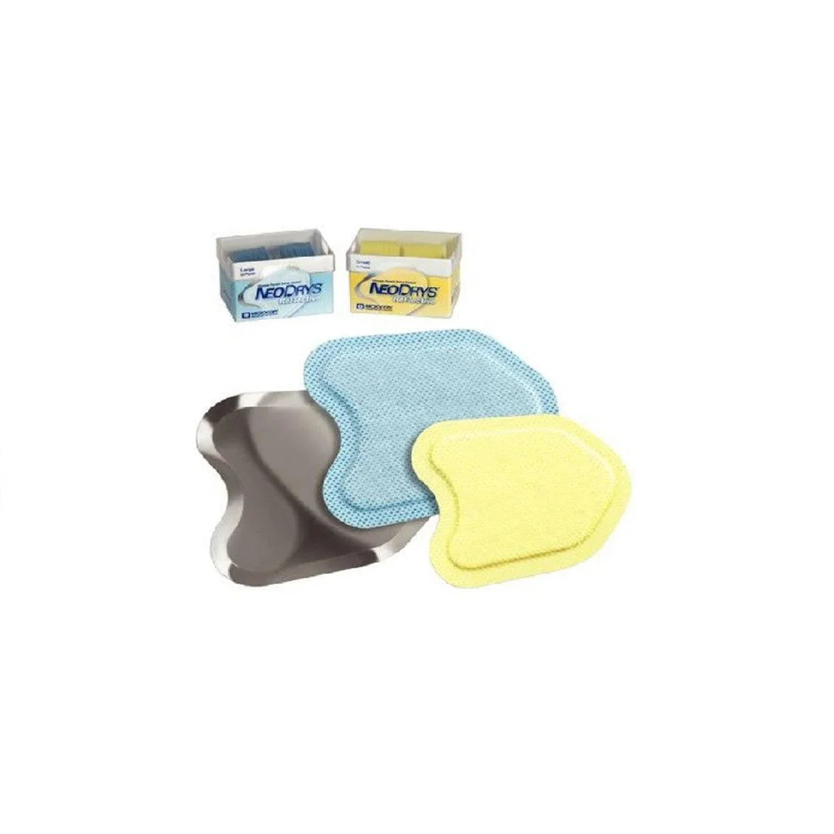 Sterile dental absorbent pads in blue and yellow with kidney tray and product boxes