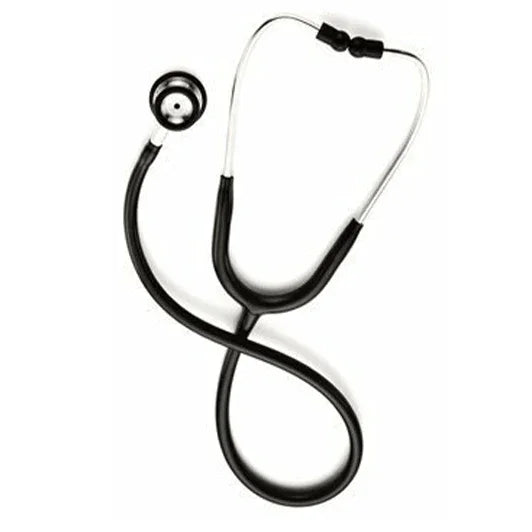 Black and silver stethoscope for home care and medical use on white background