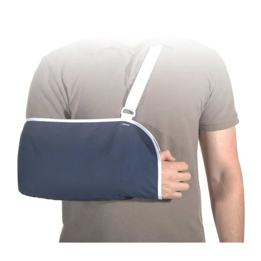 Man wearing a navy blue arm sling for injury support and shoulder immobilization