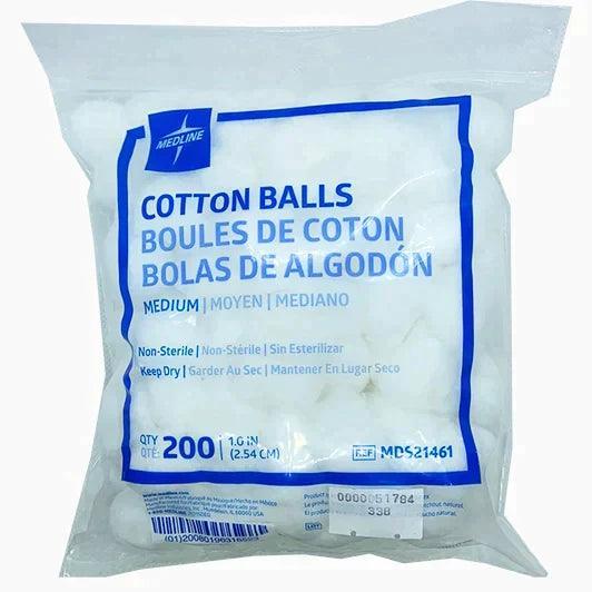 Package of Medline non-sterile medium cotton balls, 200 count, for medical use