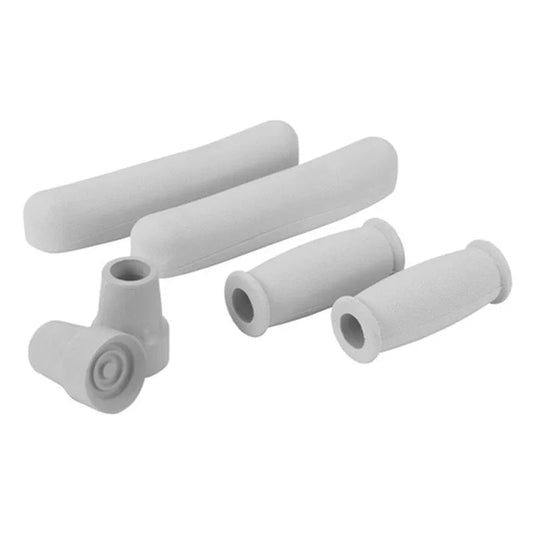 Gray replacement rubber handles and tips for medical mobility aids on white background