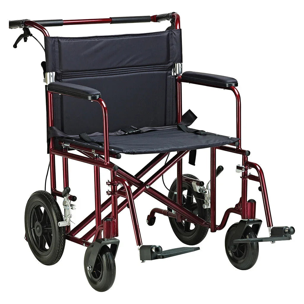 Lightweight folding transport wheelchair with maroon frame and large rear wheels