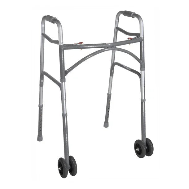 Lightweight folding walker with dual front wheels for mobility support