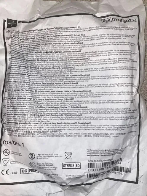 Sealed sterile medical supply package with instructions, multiple languages, and product labeling.
