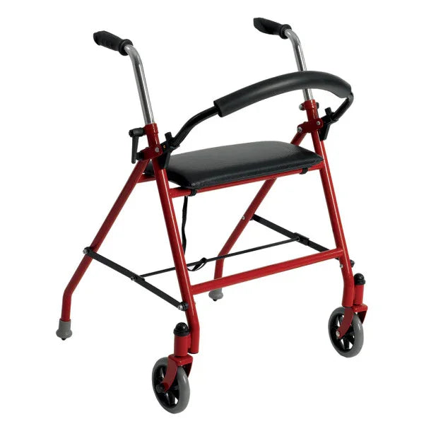 Red folding walker with padded seat and wheels for mobility support
