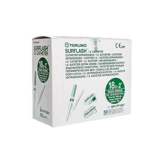 Terumo Surflash IV catheter box, 18G x 2 inch, 50 units, medical supply packaging