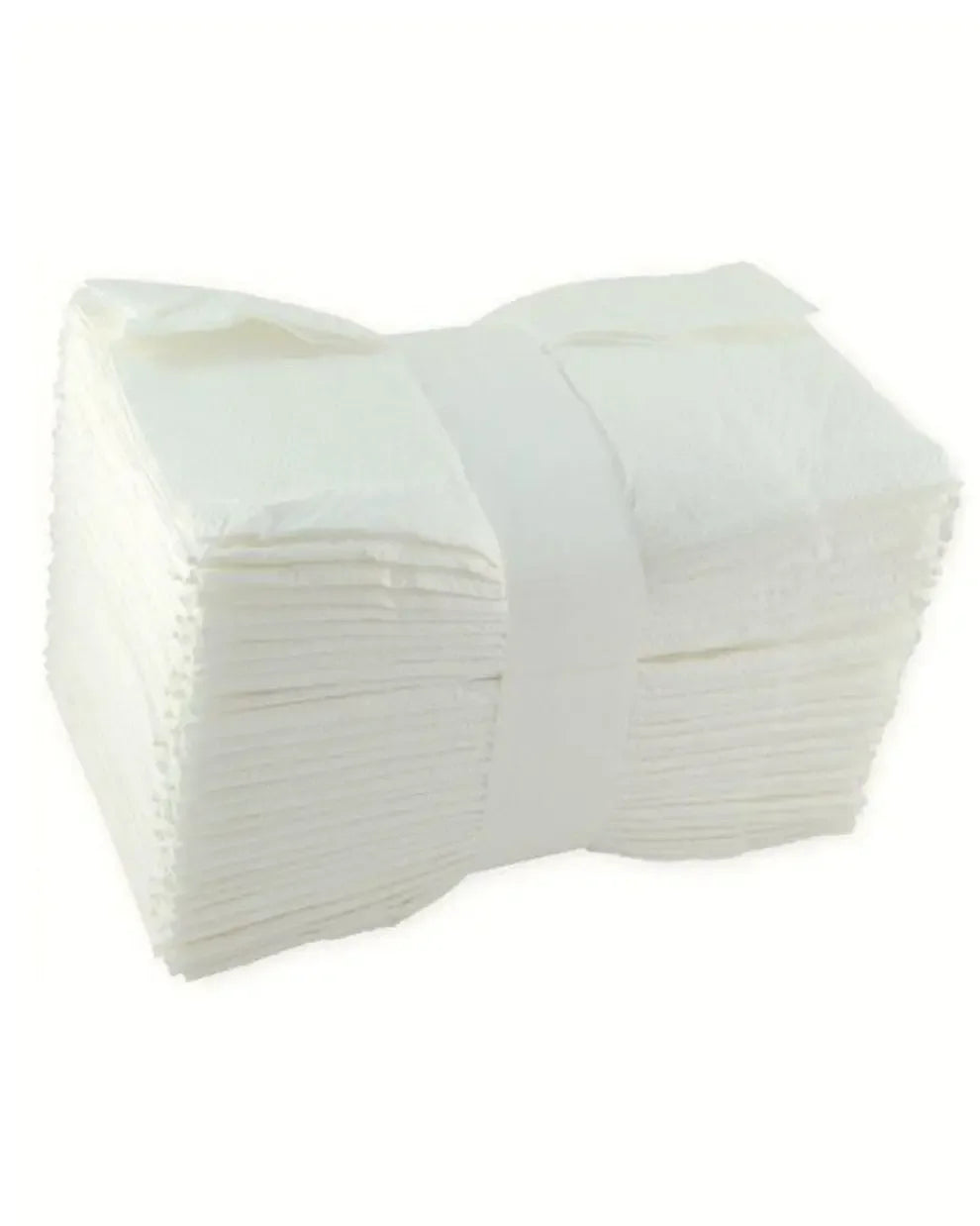 Stack of white disposable medical gauze pads on a white background