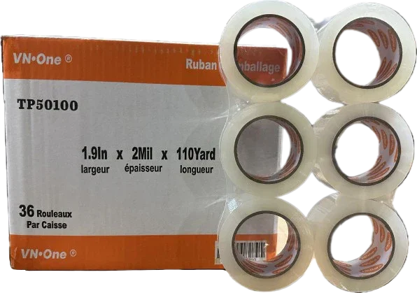 Six rolls of clear packing tape beside a box labeled 1.9in x 2mil x 110yard, 36 rolls per case