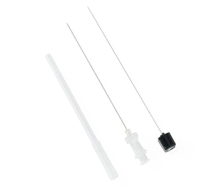 Sterile epidural needle set with safety cap and introducer on white background