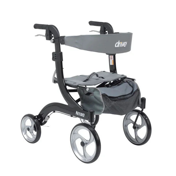 Lightweight mobility rollator walker with four wheels, seat, and storage pouch