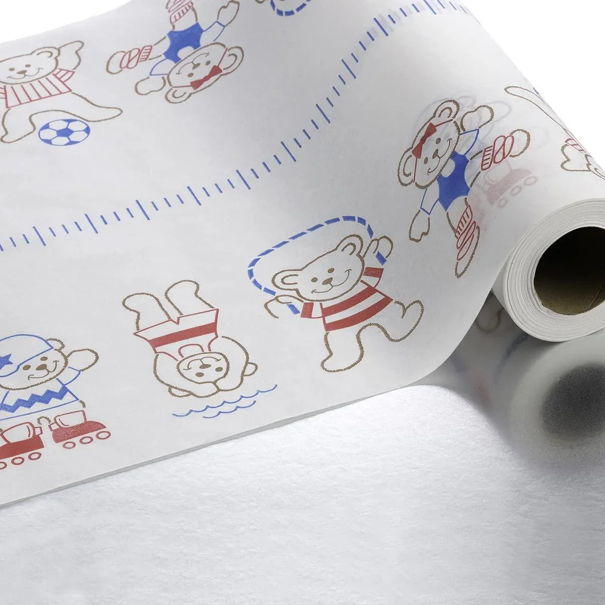 Pediatric exam table paper roll with colorful bear illustrations for medical clinics