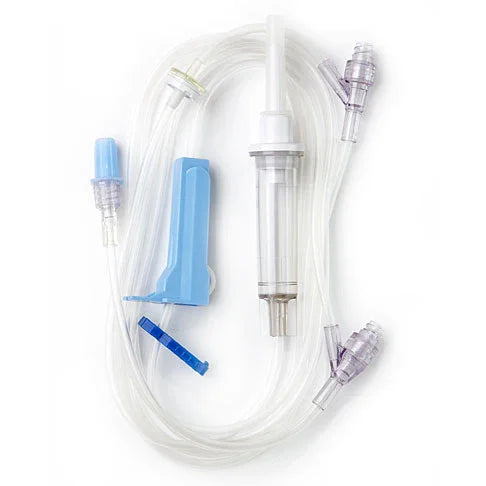 IV administration set with tubing, drip chamber, injection ports, and roller clamp