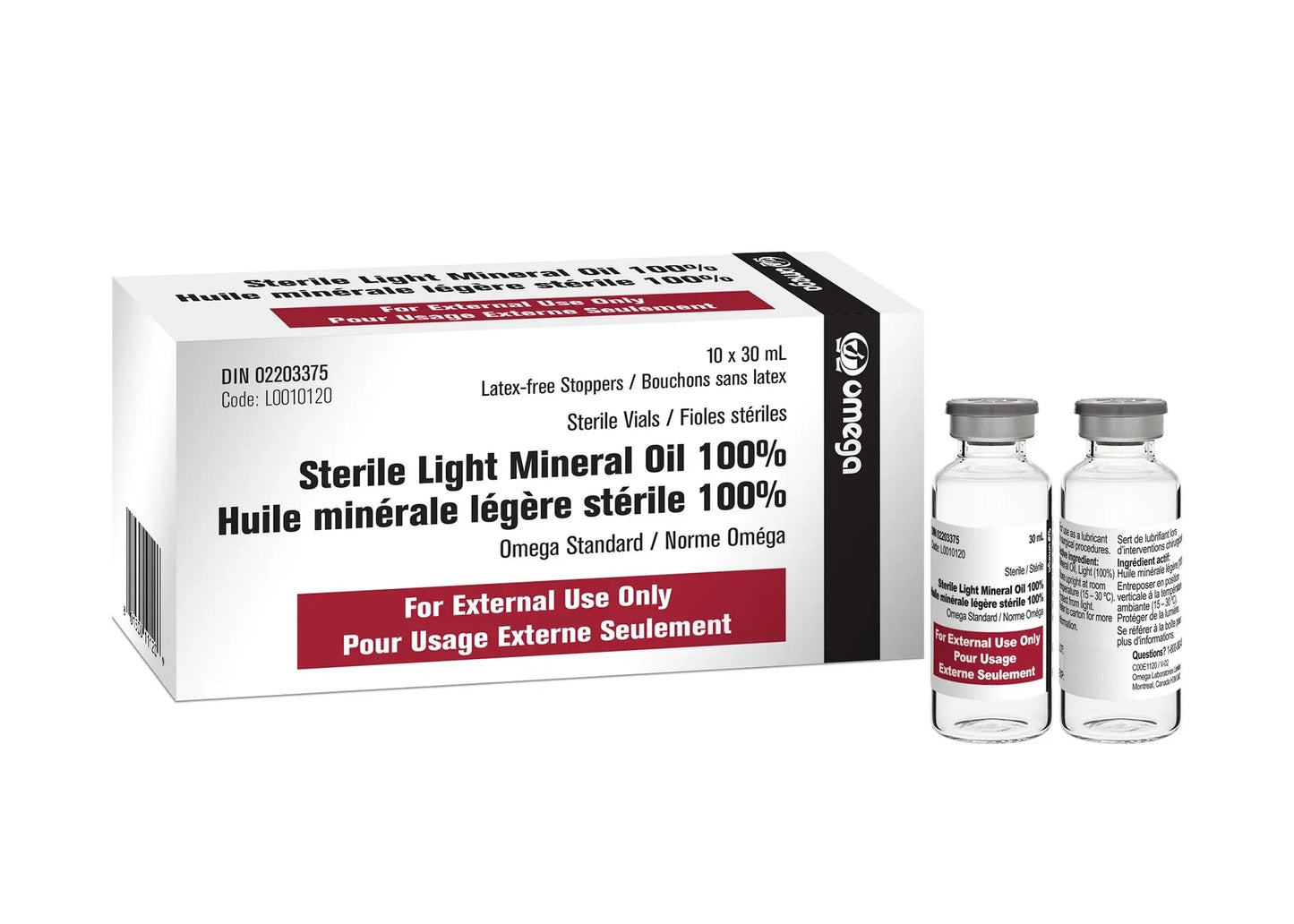 Omega sterile light mineral oil 100% vials 10 x 30mL box, medical lubricant for external use