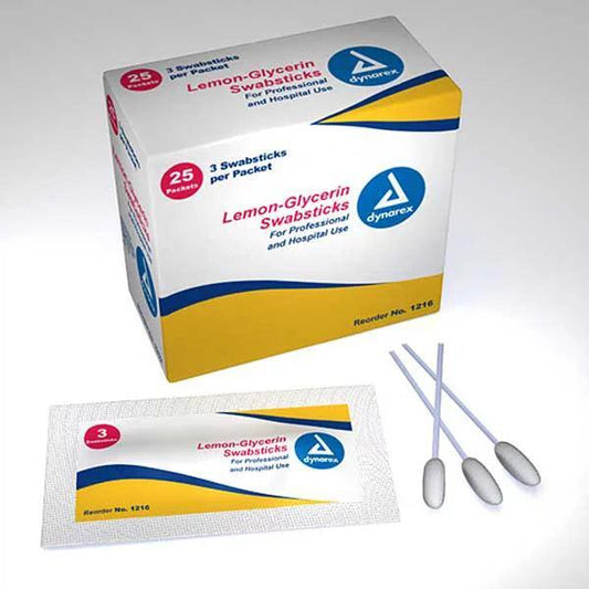 Dynarex lemon-glycerin swabsticks box, single packet, and three oral care swabs for medical use