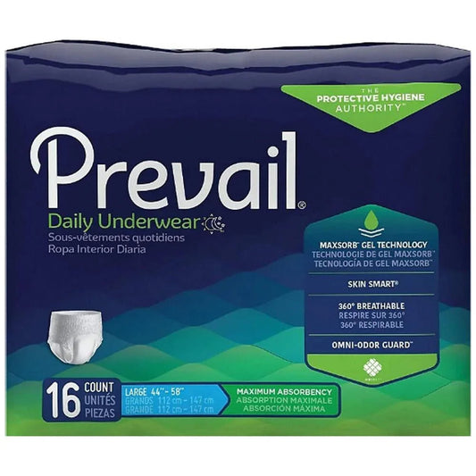 Prevail daily underwear package, 16 count, large size, maximum absorbency, adult incontinence briefs