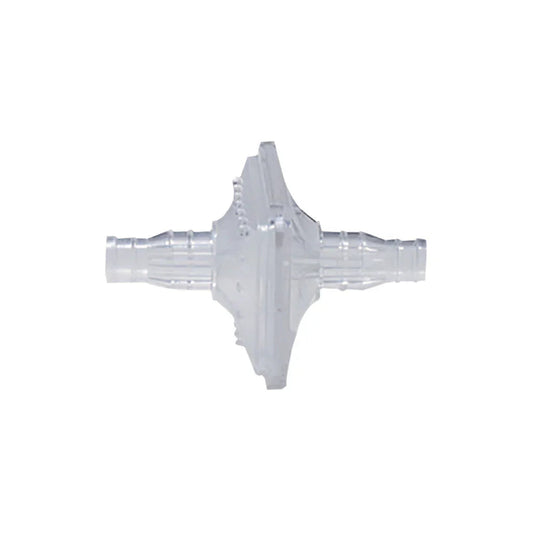 Clear plastic medical oxygen bacteria filter against white background