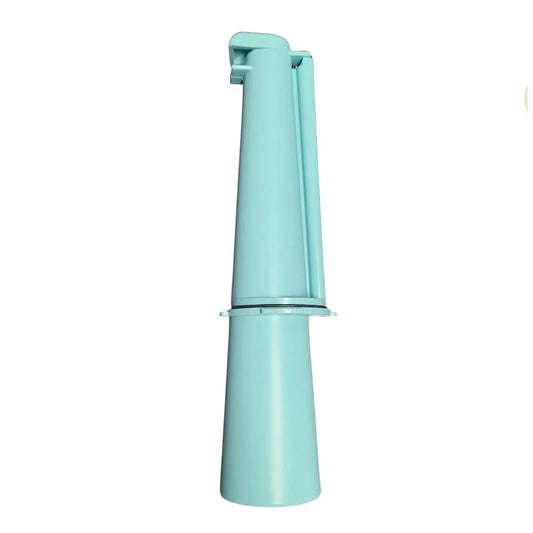 Light blue plastic medical speculum on white background, gynecological exam tool