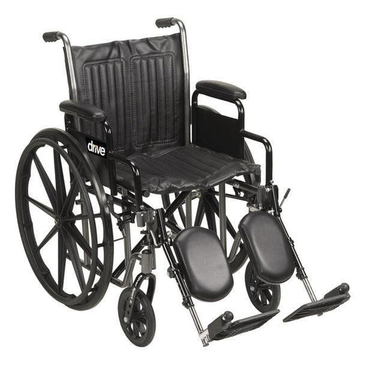 Lightweight manual wheelchair with black frame, elevated leg rests, and padded seat