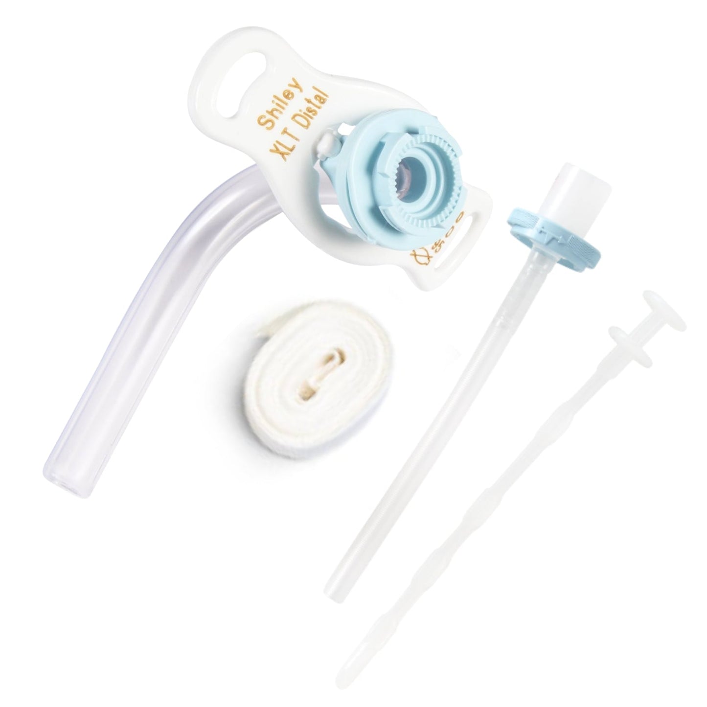 Shiley tracheostomy tube kit with curved tube, obturator, inner cannula, and trach tie