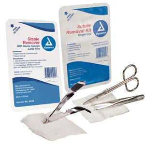 Suture removal kit and staple remover set with medical scissors, forceps, gauze, and packaging