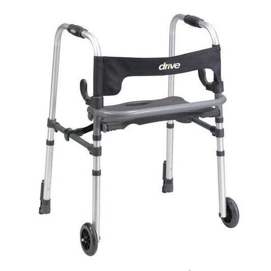 Lightweight folding medical walker with wheels and padded seat for mobility support