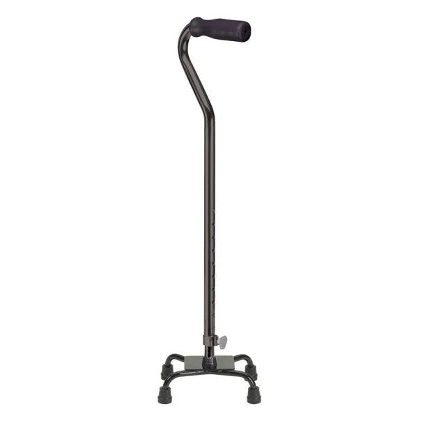 Adjustable quad cane with ergonomic handle and four-point base for stability support