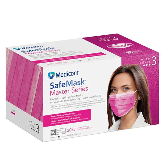 Box of Medicom SafeMask Master Series pink earloop procedure face masks ASTM Level 3