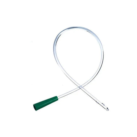 Sterile medical catheter with green funnel tip for urinary care on white background