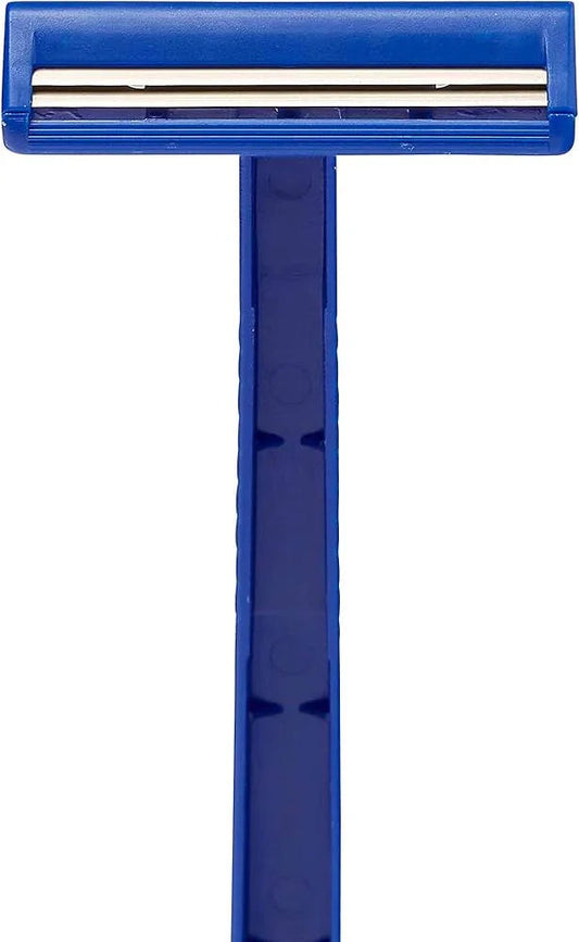 Single-use blue plastic medical razor with twin blades, front view on white background