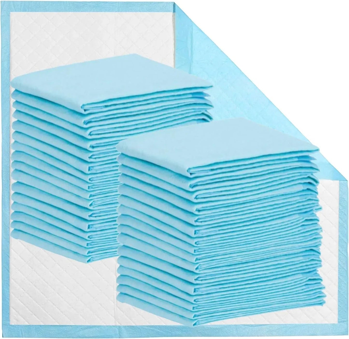 Stack of disposable blue underpads for medical or home care use, absorbent surface visible