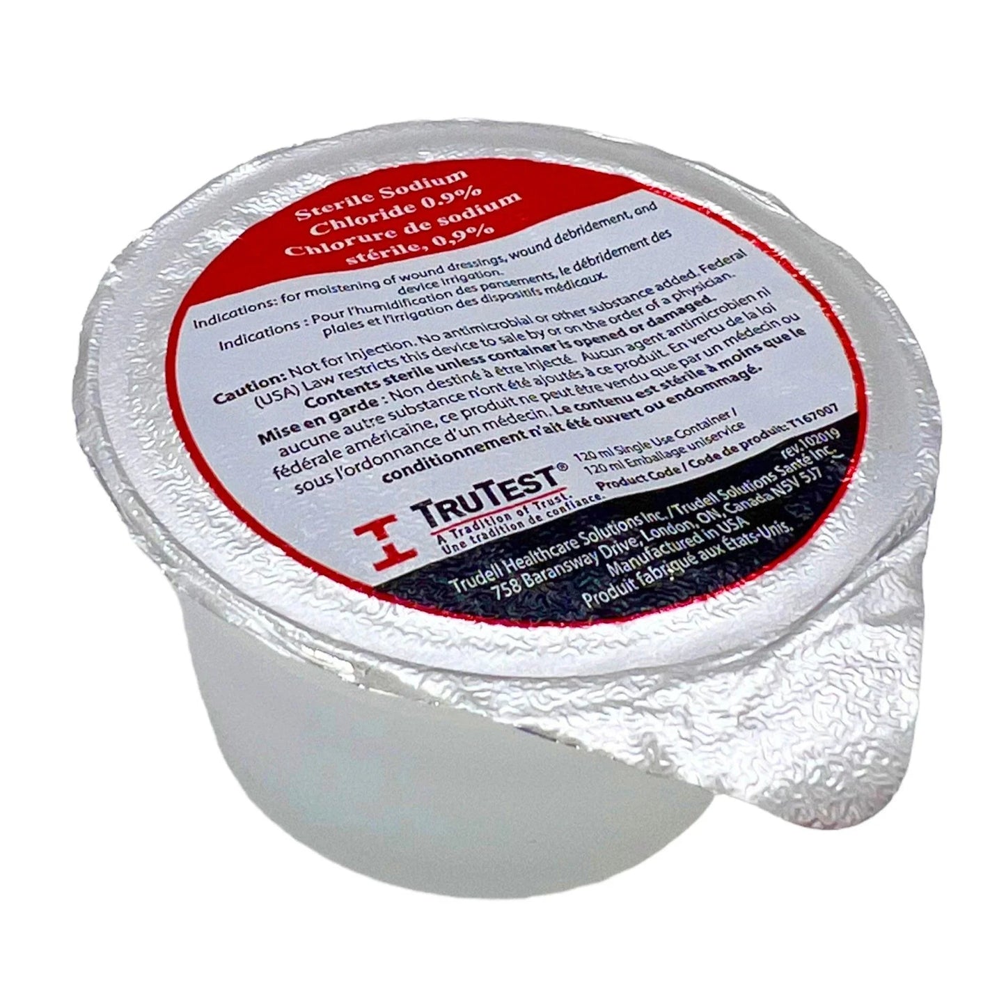 Sterile sodium chloride 0.9% saline solution cup for wound care or irrigation