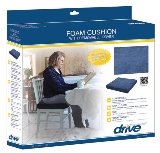 Foam cushion with removable cover for home care, shown on chair, ideal for comfort and support.
