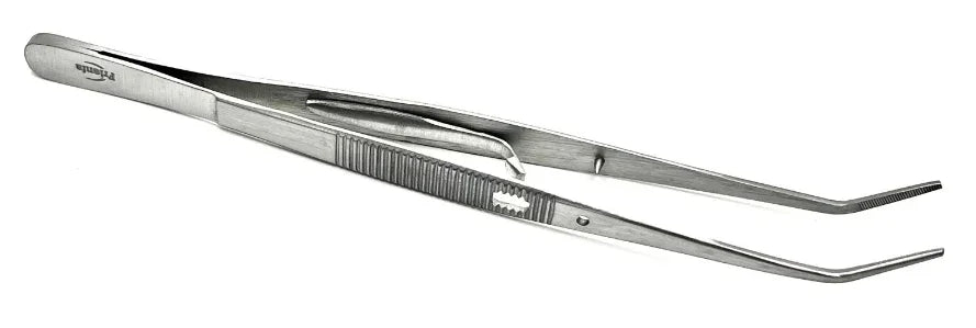 Stainless steel surgical forceps with serrated tips and angled design, medical supply tool