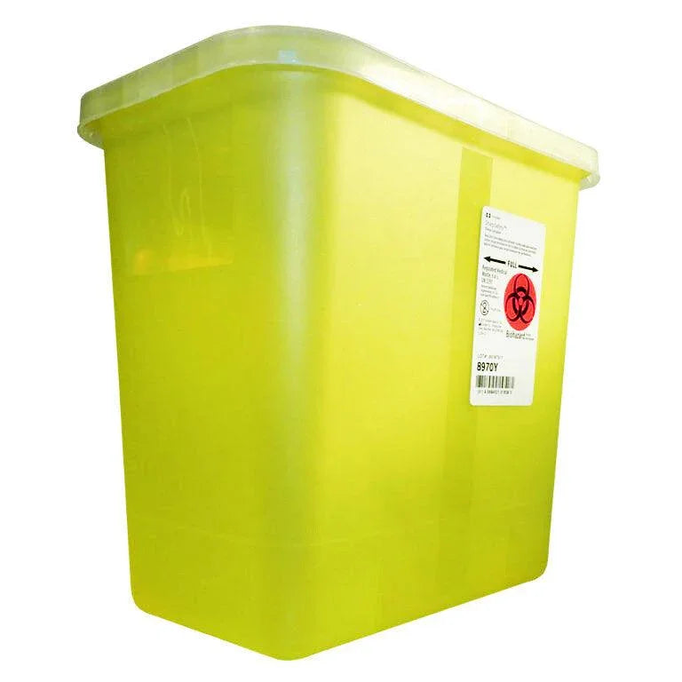 Yellow medical sharps disposal container with biohazard label for safe waste management