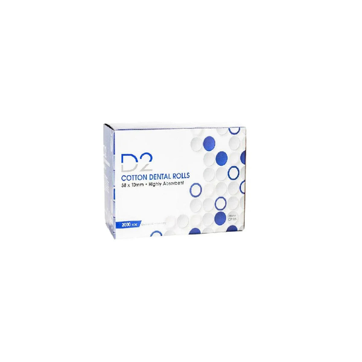 Box of D2 cotton dental rolls, highly absorbent, size 38 x 10mm, 2000 count.