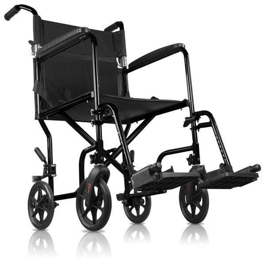 Lightweight black transport wheelchair with armrests and footrests for home care mobility