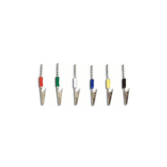 Set of six ECG alligator clips with colored insulation for medical electrode connections