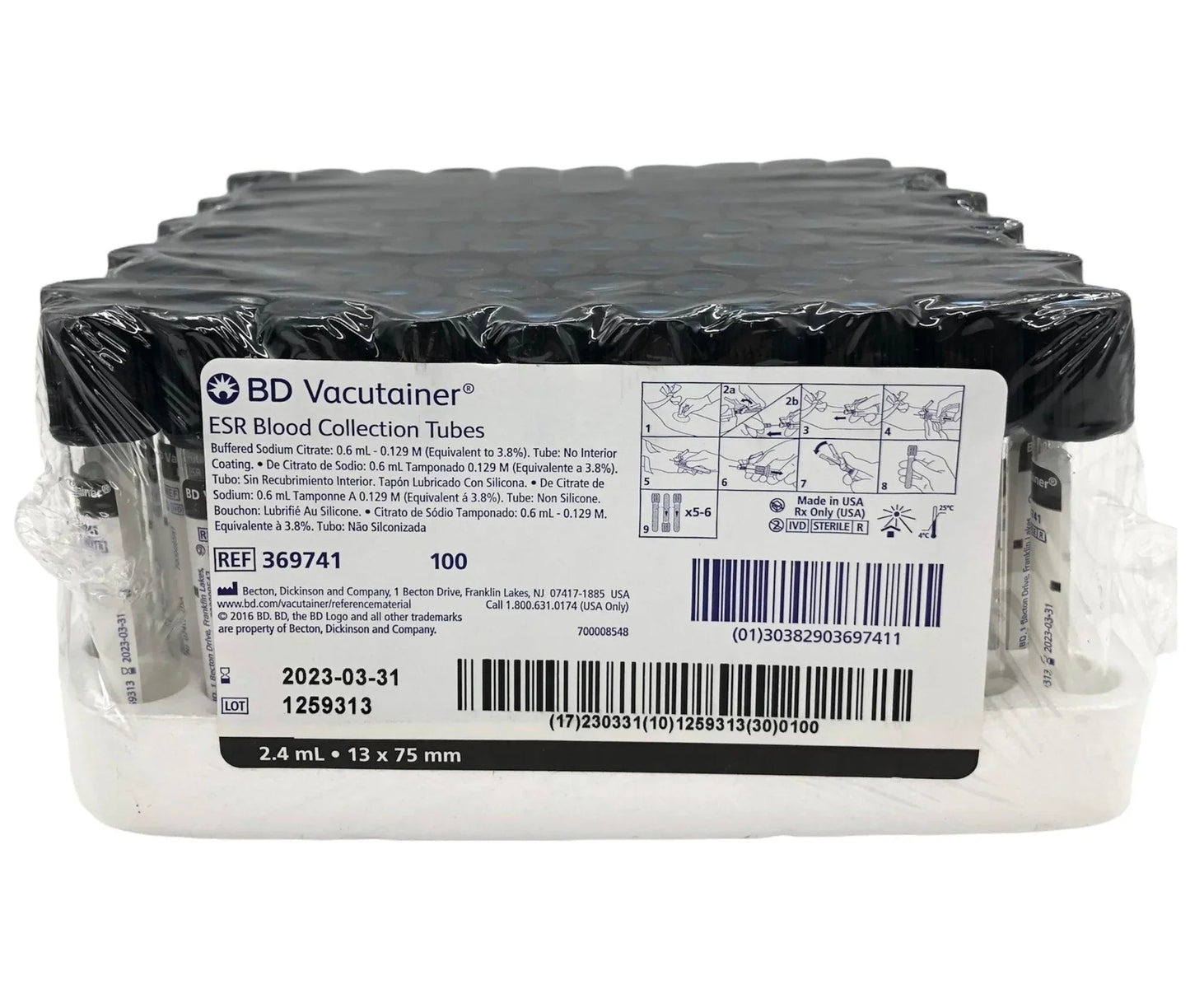 Pack of BD Vacutainer ESR blood collection tubes, labeled for medical sample collection use.