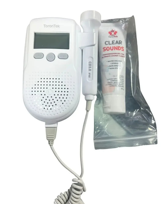 Fetal doppler with LCD display, probe, and ultrasound transmission gel for pregnancy monitoring