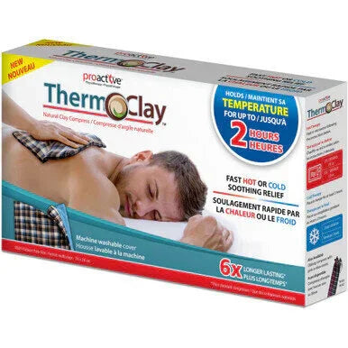 ThermoClay natural clay hot or cold compress box for pain relief, showing man using pad on back