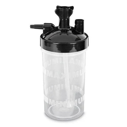 Oxygen humidifier bottle with black lid for respiratory therapy and medical use