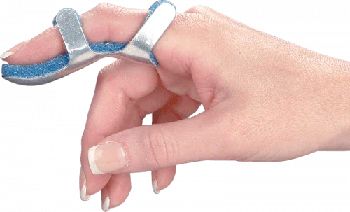 Aluminum finger splint on hand for injury support, orthopedic medical supply