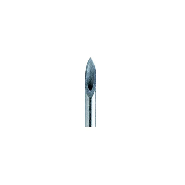 Close-up of a hypodermic needle tip, stainless steel, medical supply on white background