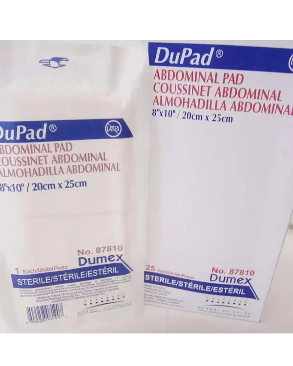 Dumex DuPad sterile abdominal pads 8x10 inch packaging, medical wound care supplies.