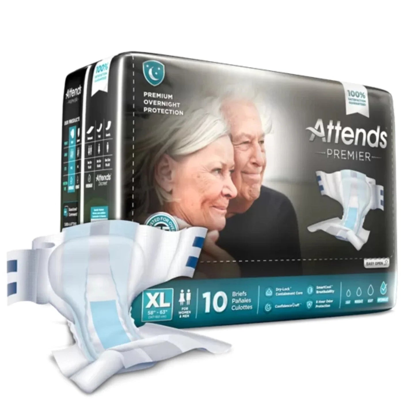 Attends Premier XL adult briefs package, featuring two seniors and an open incontinence brief, 10 count.