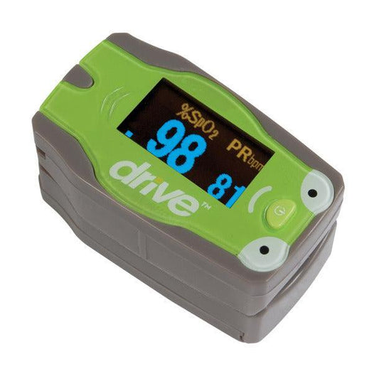 Green and grey pulse oximeter showing oxygen saturation and pulse rate on digital display