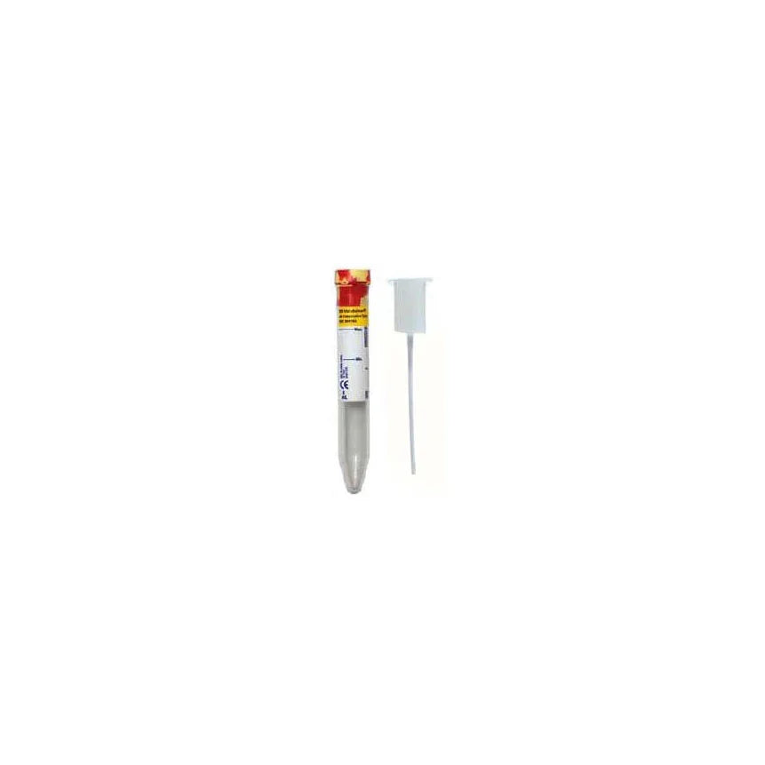 Sterile specimen collection tube with swab for medical testing on white background