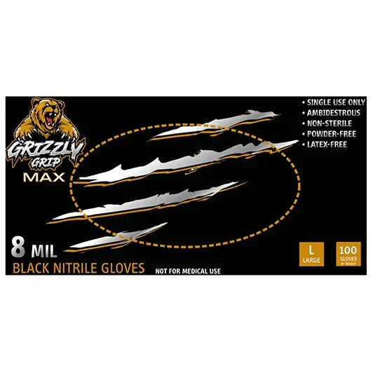 Box of Grizzly Grip Max 8 mil black nitrile gloves, large size, powder-free, latex-free, 100 count.